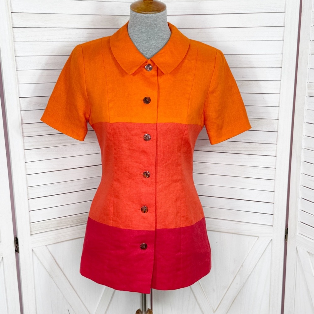 Vintage Kelly‎ Graham Linen Colorblock Button Front Shirt Blouse Orange Red 6